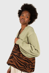 Brown and black zebra print tie strap tote