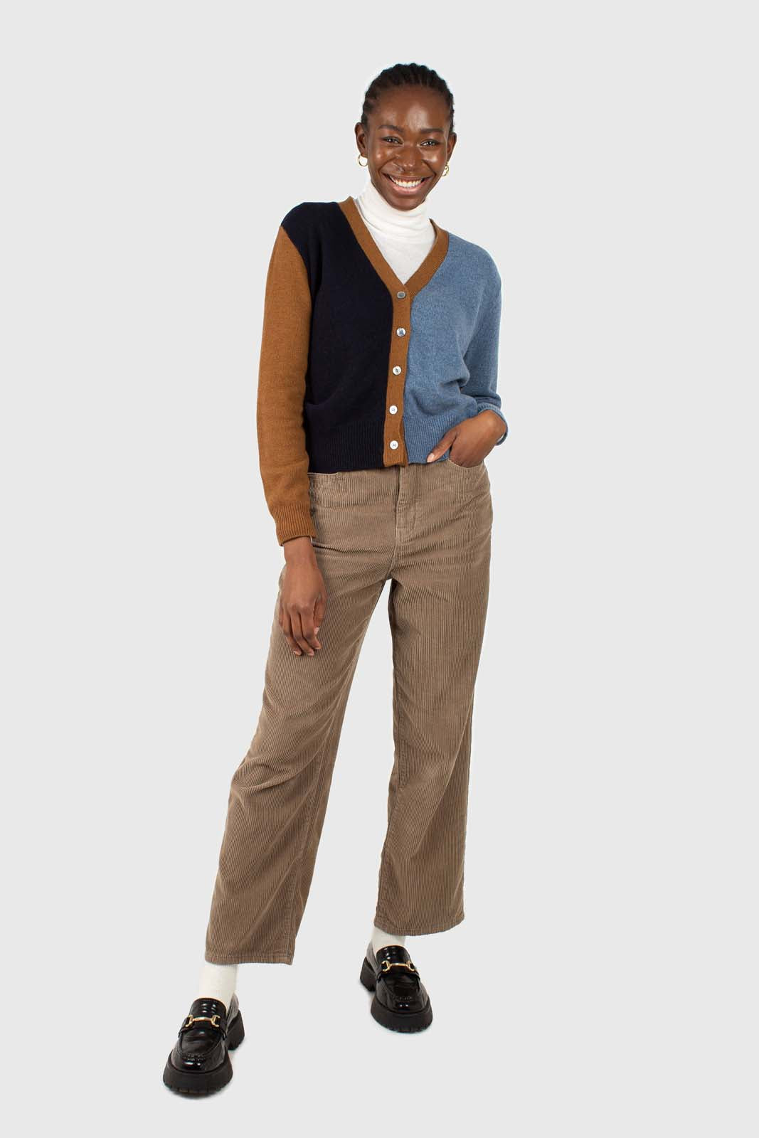 Blue and mustard colorblock wool blend cardigan