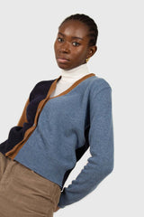 Blue and mustard colorblock wool blend cardigan