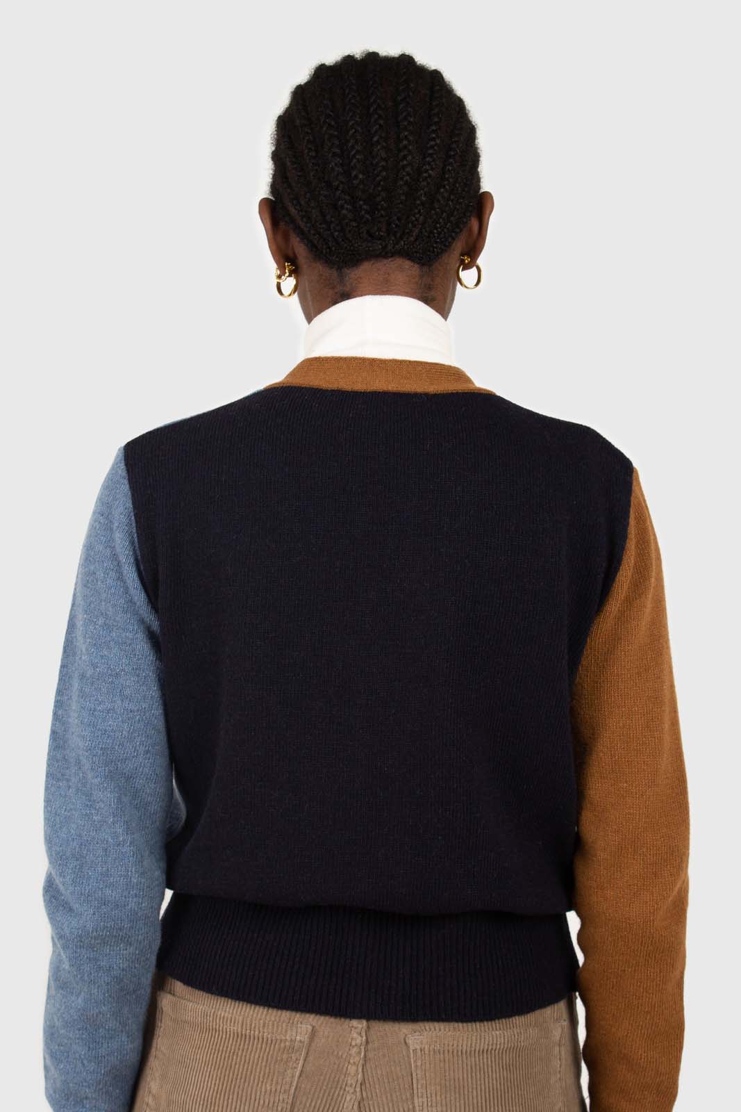 Blue and mustard colorblock wool blend cardigan