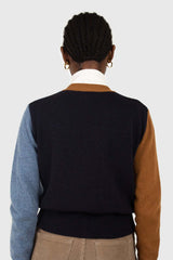 Blue and mustard colorblock wool blend cardigan