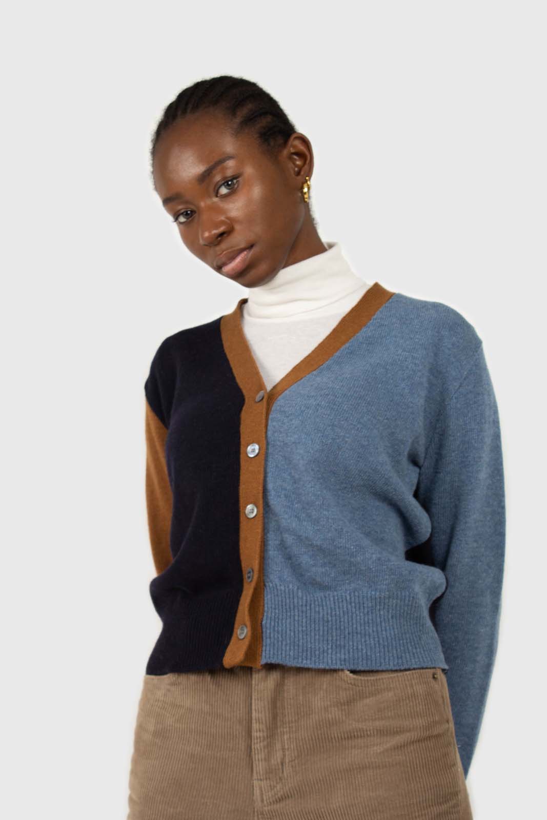 Blue and mustard colorblock wool blend cardigan