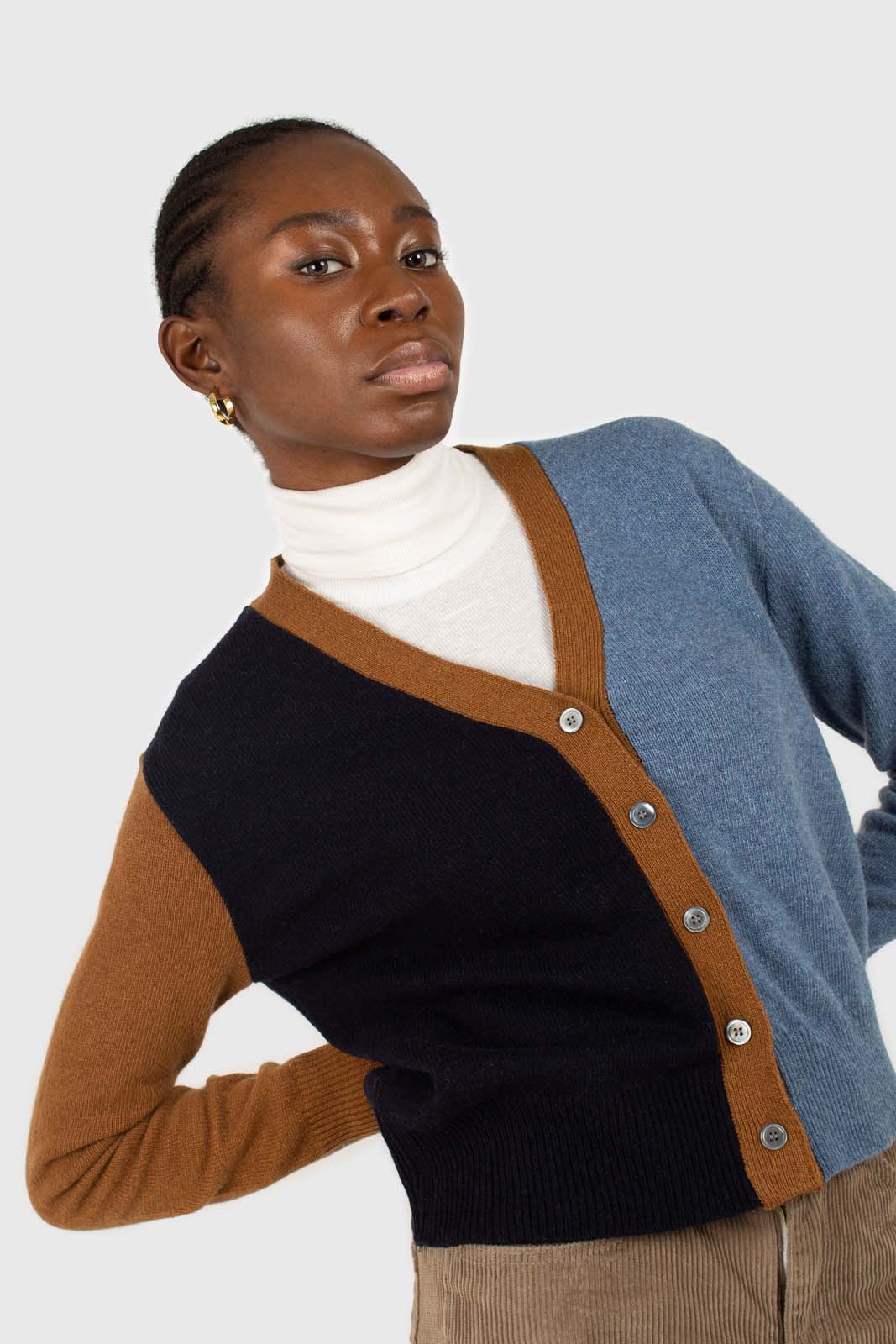 Blue and mustard colorblock wool blend cardigan