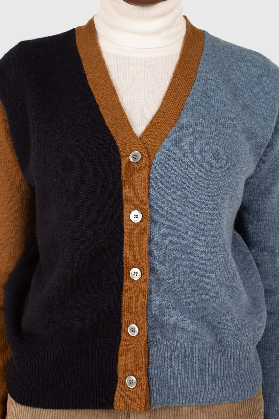Blue and mustard colorblock wool blend cardigan