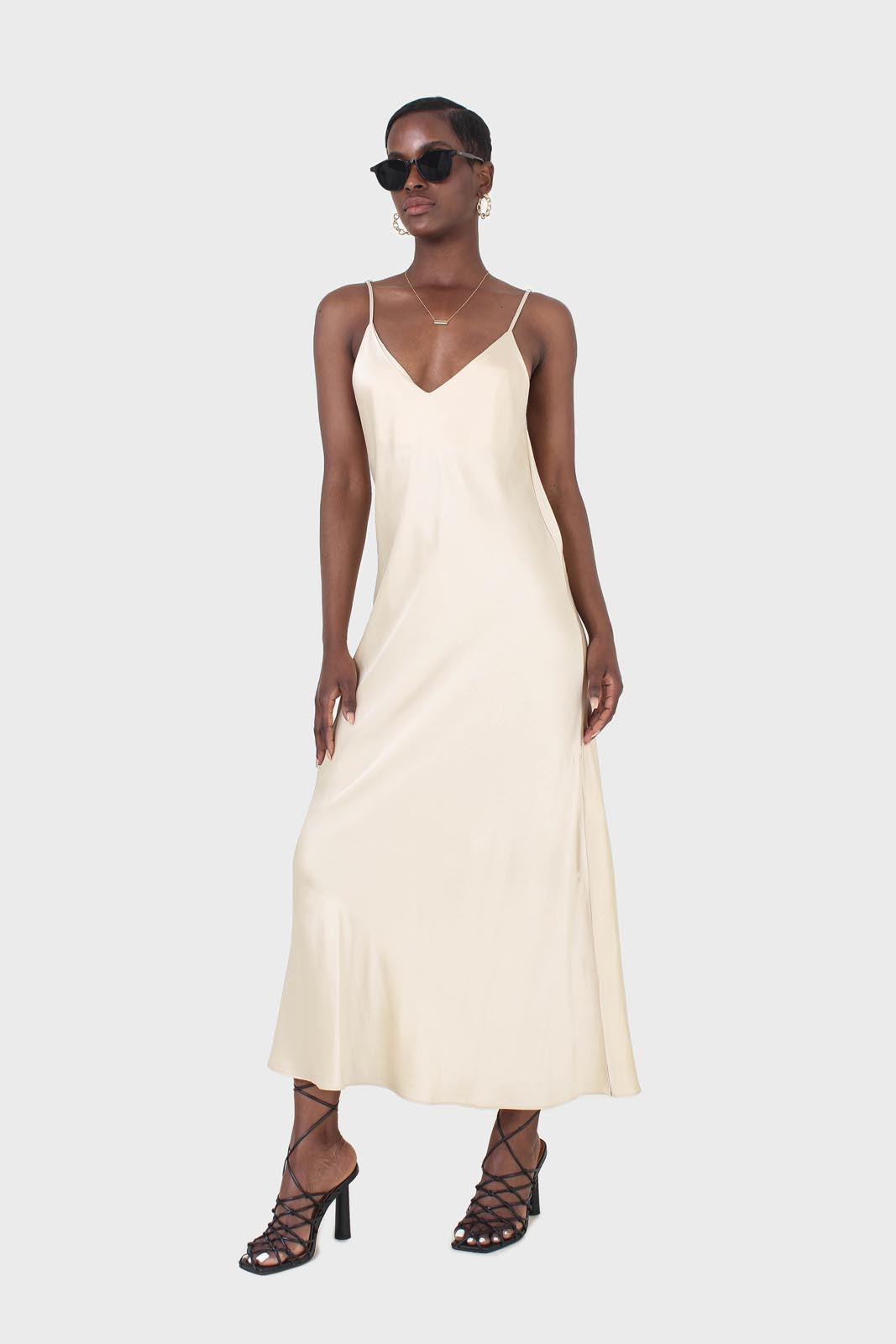 Cream silky spaghetti strap slip dress