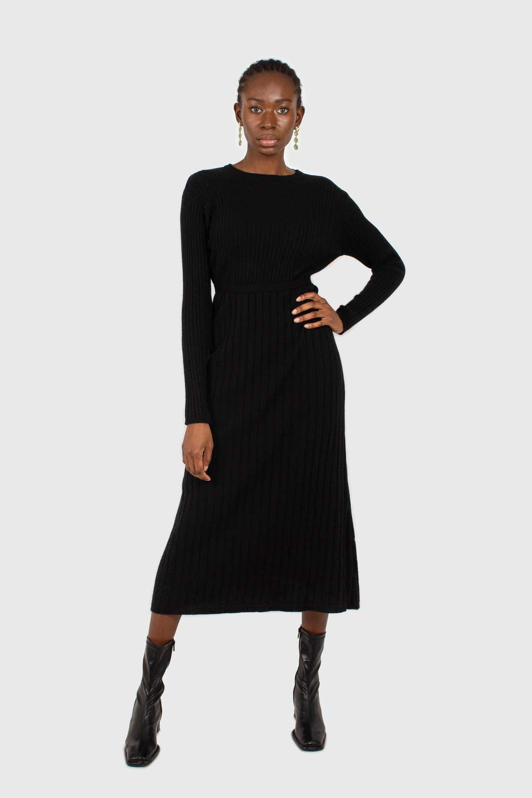 Black large ribbed wool blend midi dress