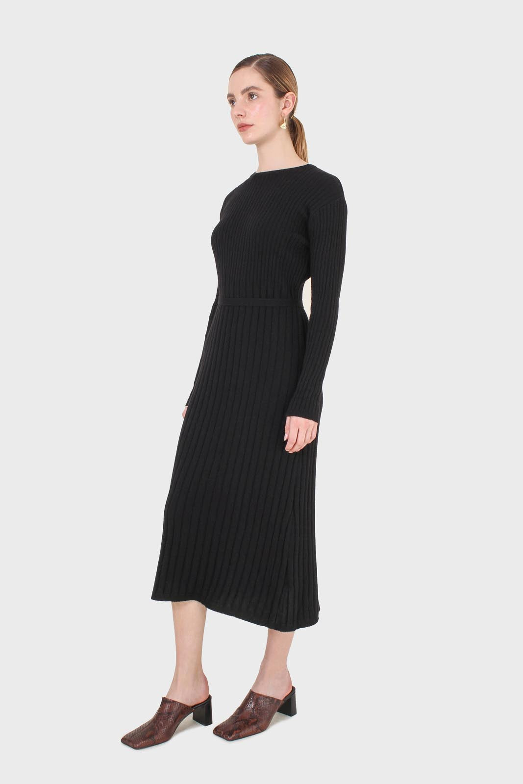 Black large ribbed wool blend midi dress