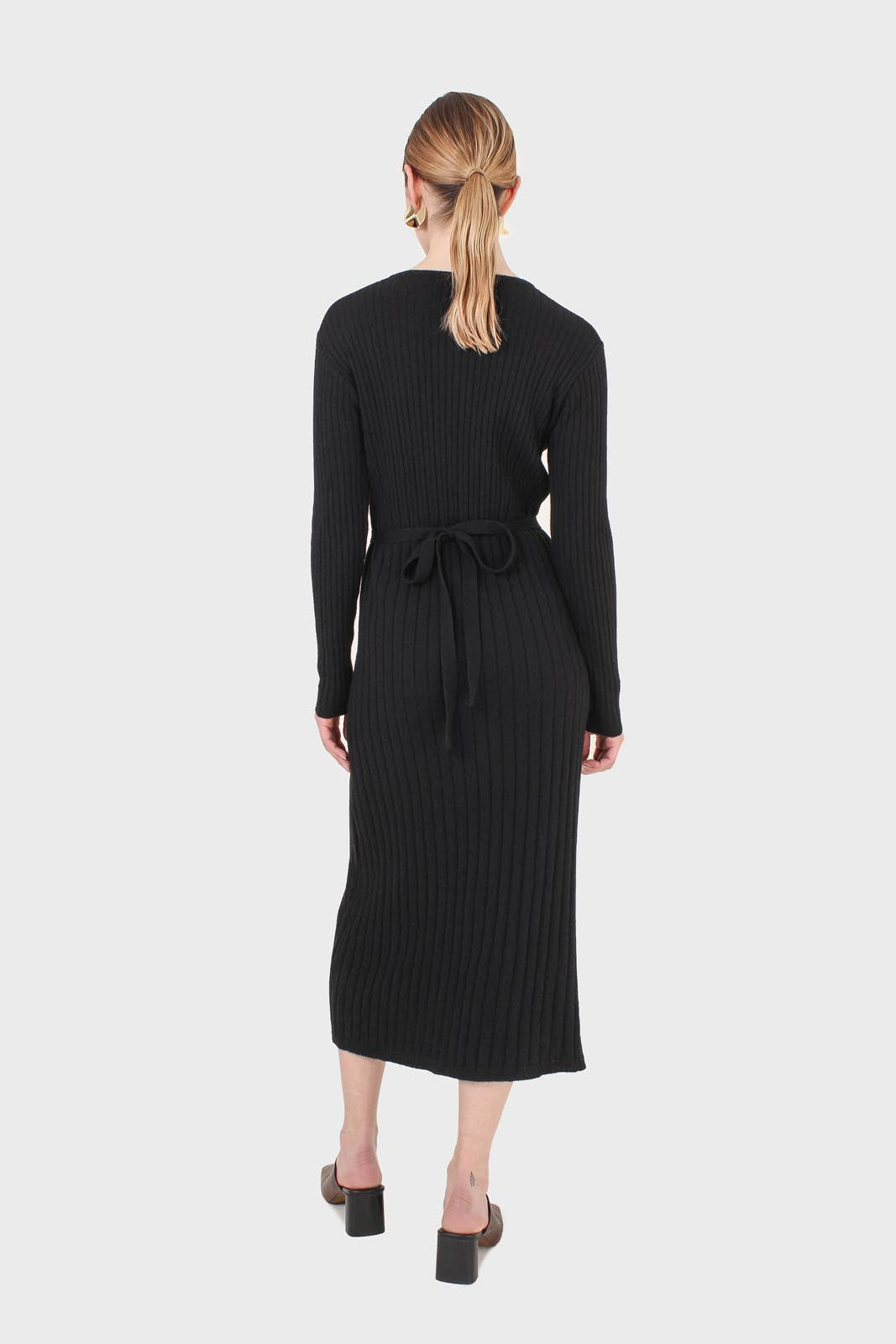 Black large ribbed wool blend midi dress