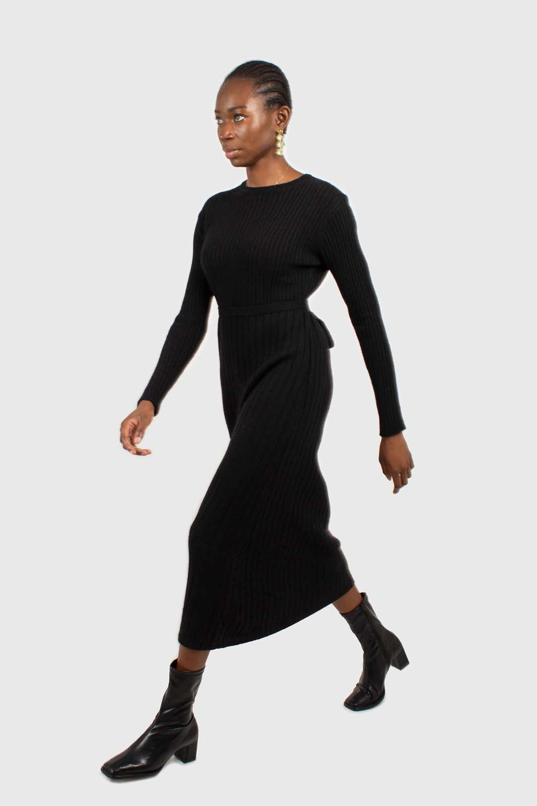 Black large ribbed wool blend midi dress
