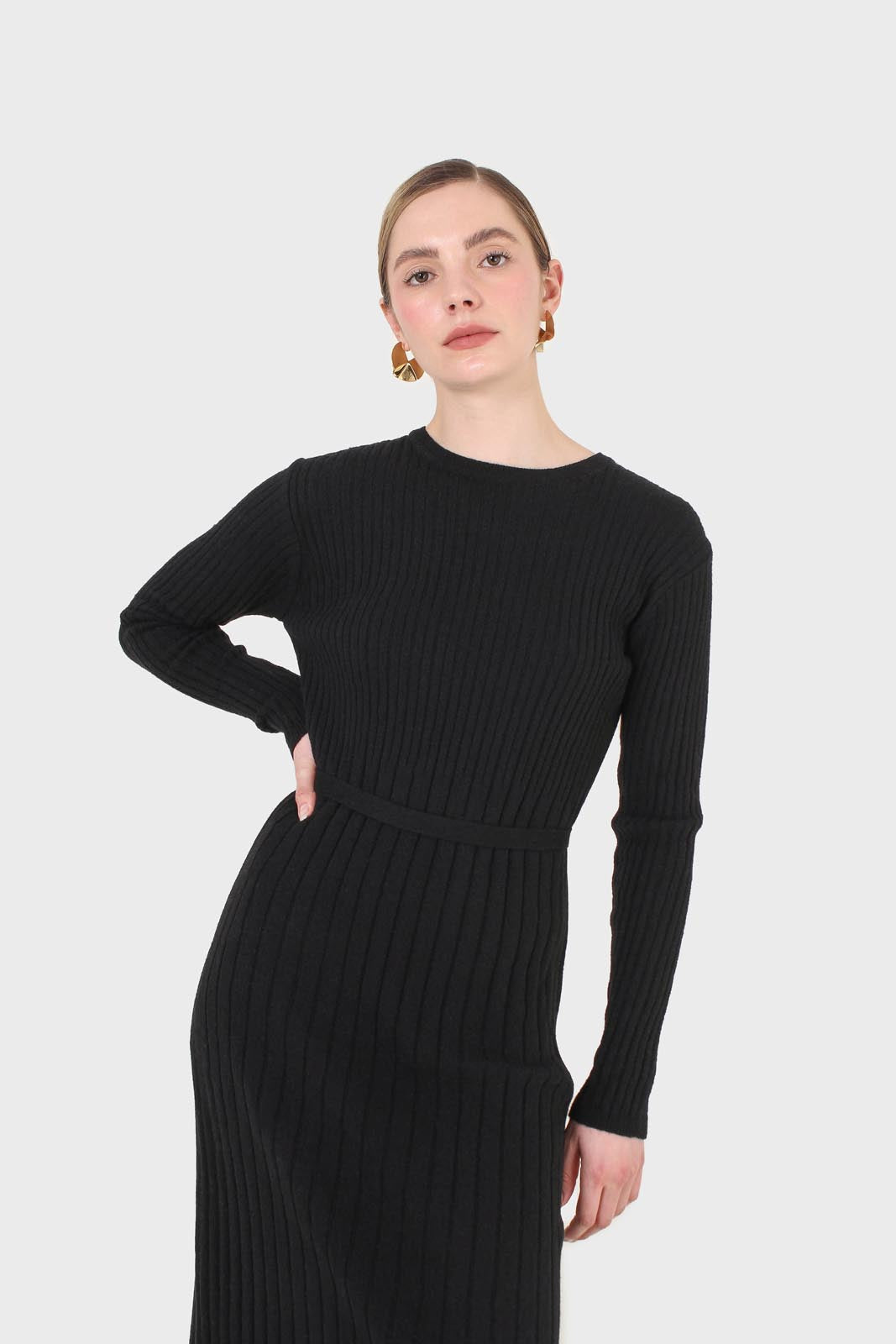 Black large ribbed wool blend midi dress