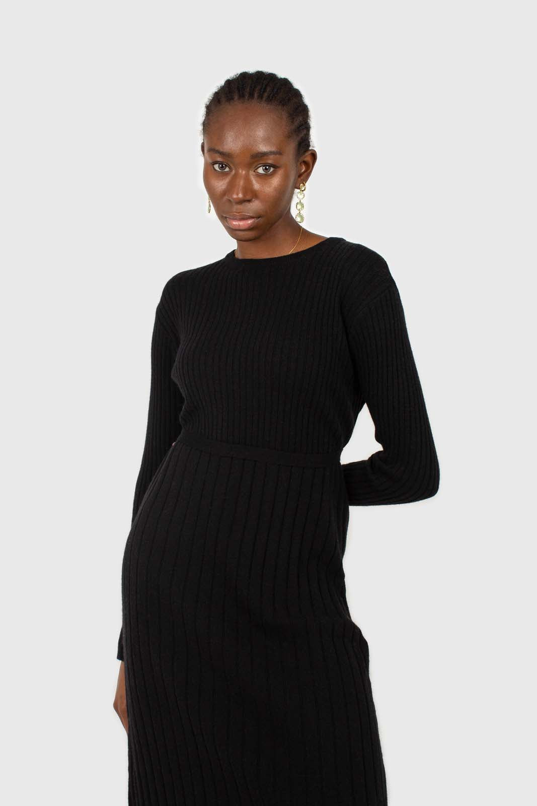 Black large ribbed wool blend midi dress