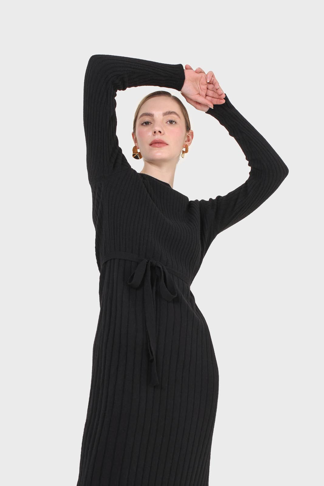 Black large ribbed wool blend midi dress