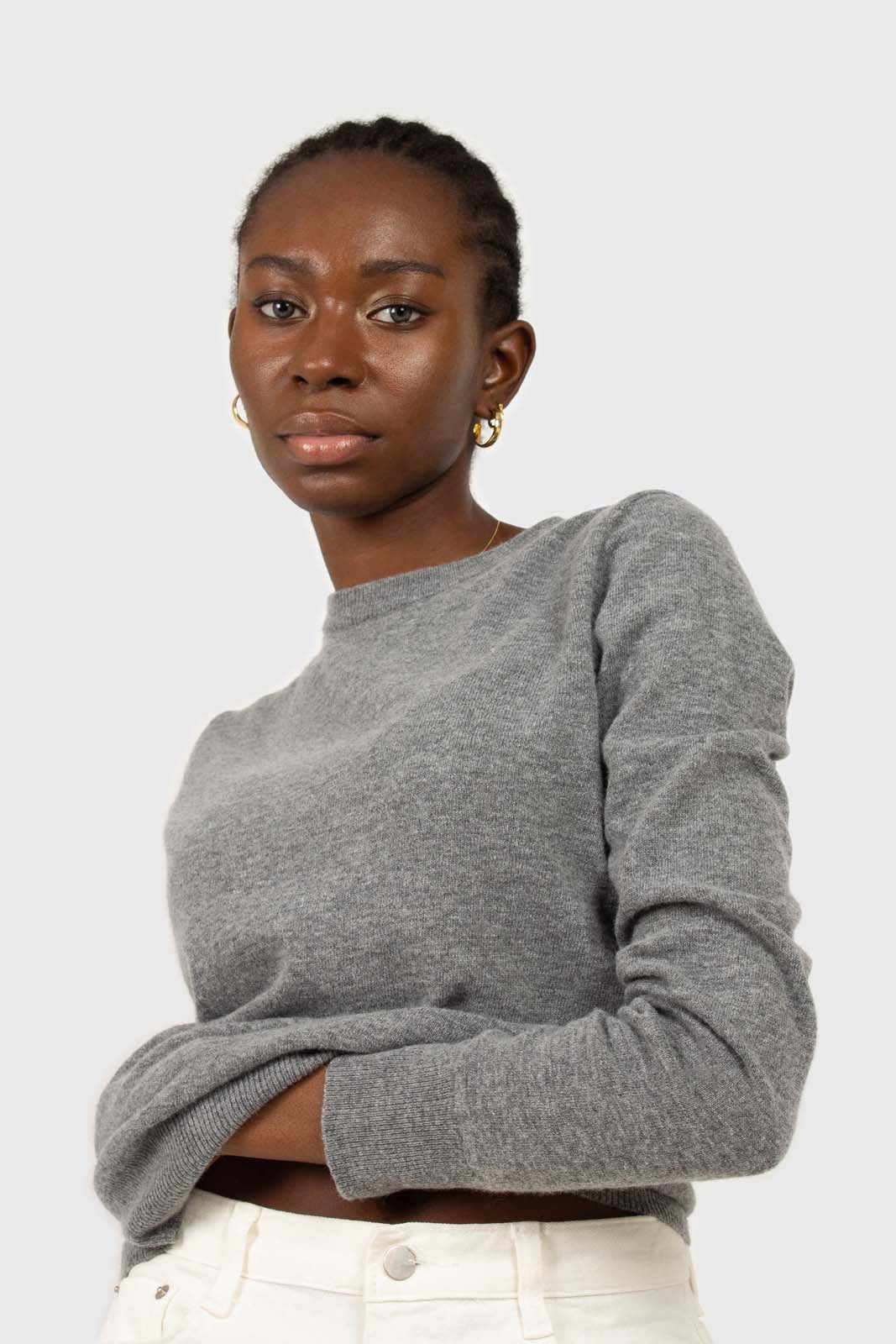 Grey cashmere blend crew neck knit top