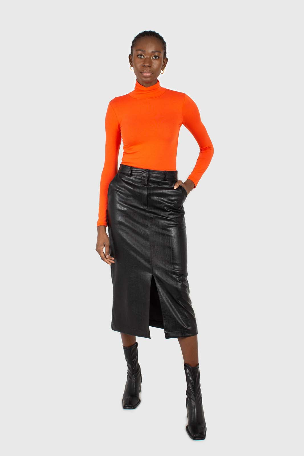 Black vegan leather midi skirt