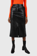 Black vegan leather midi skirt