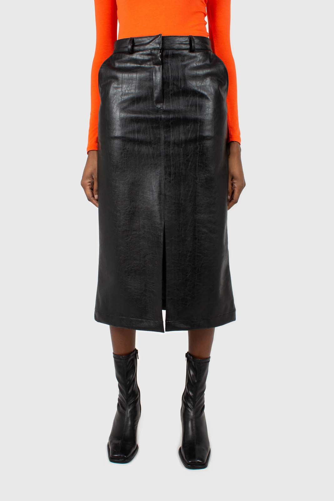 Black vegan leather midi skirt