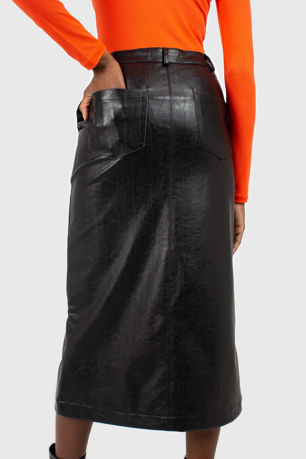 Black vegan leather midi skirt