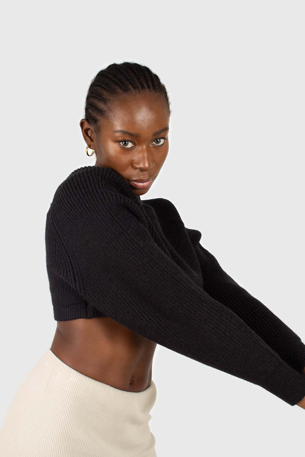 Black wool blend cropped knit jumper