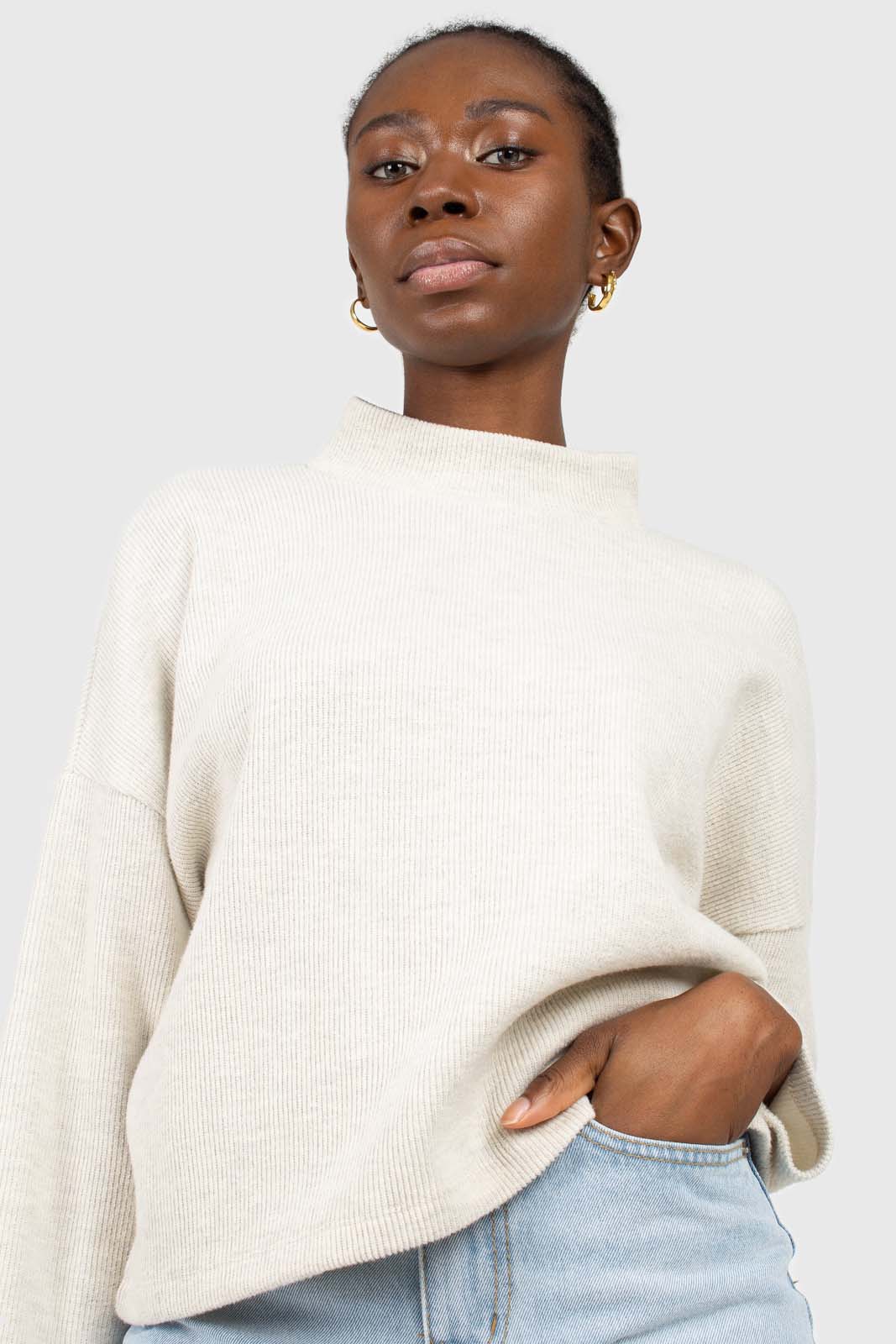 Oatmeal micro ribbed mock neck top