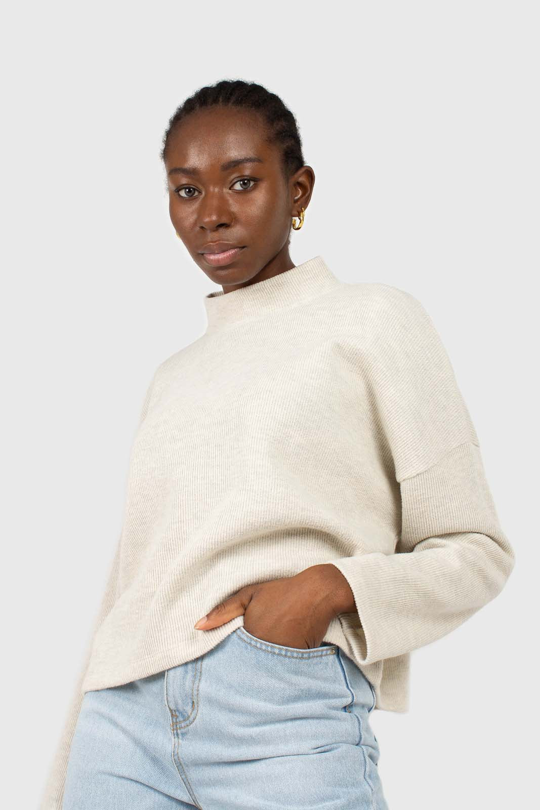 Oatmeal micro ribbed mock neck top