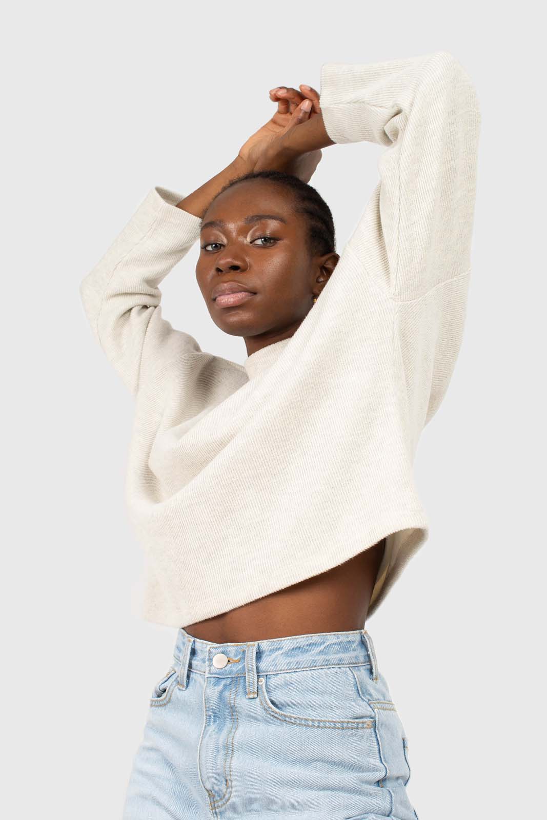 Oatmeal micro ribbed mock neck top