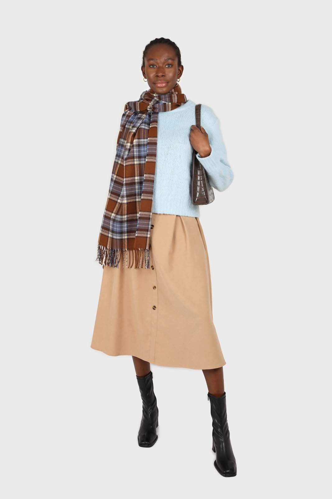 Beige button front belted midi skirt