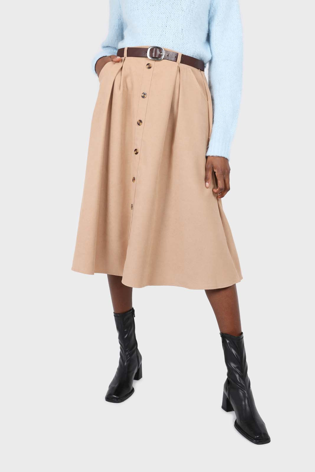 Beige button front belted midi skirt