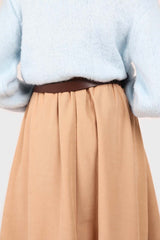 Beige button front belted midi skirt