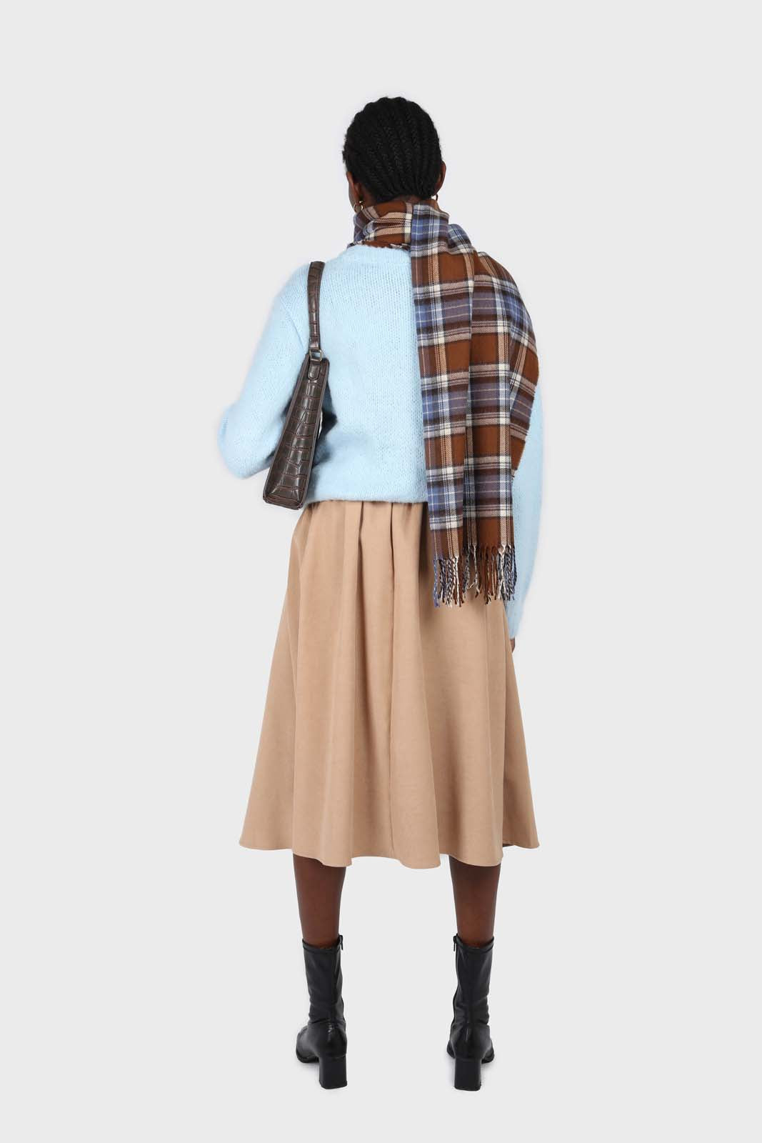 Beige button front belted midi skirt