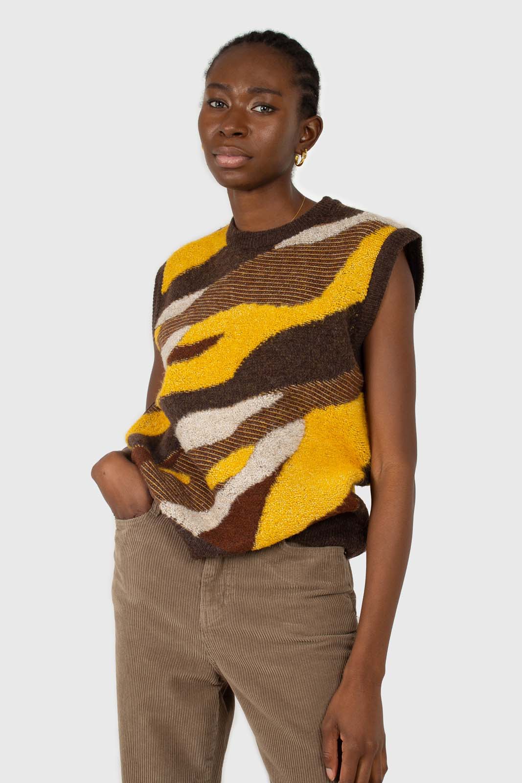 Brown and yellow layered intarsia vest
