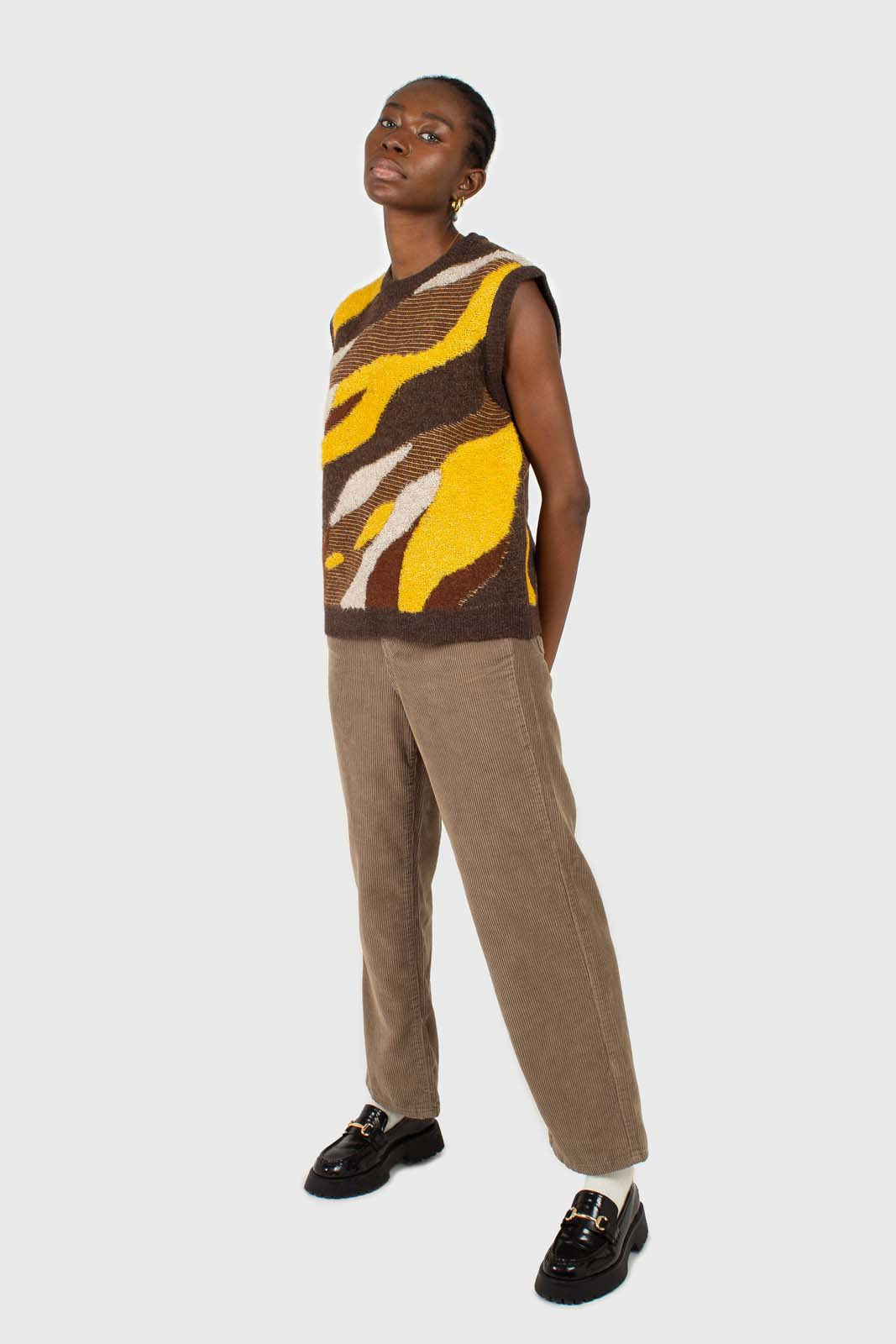 Brown and yellow layered intarsia vest
