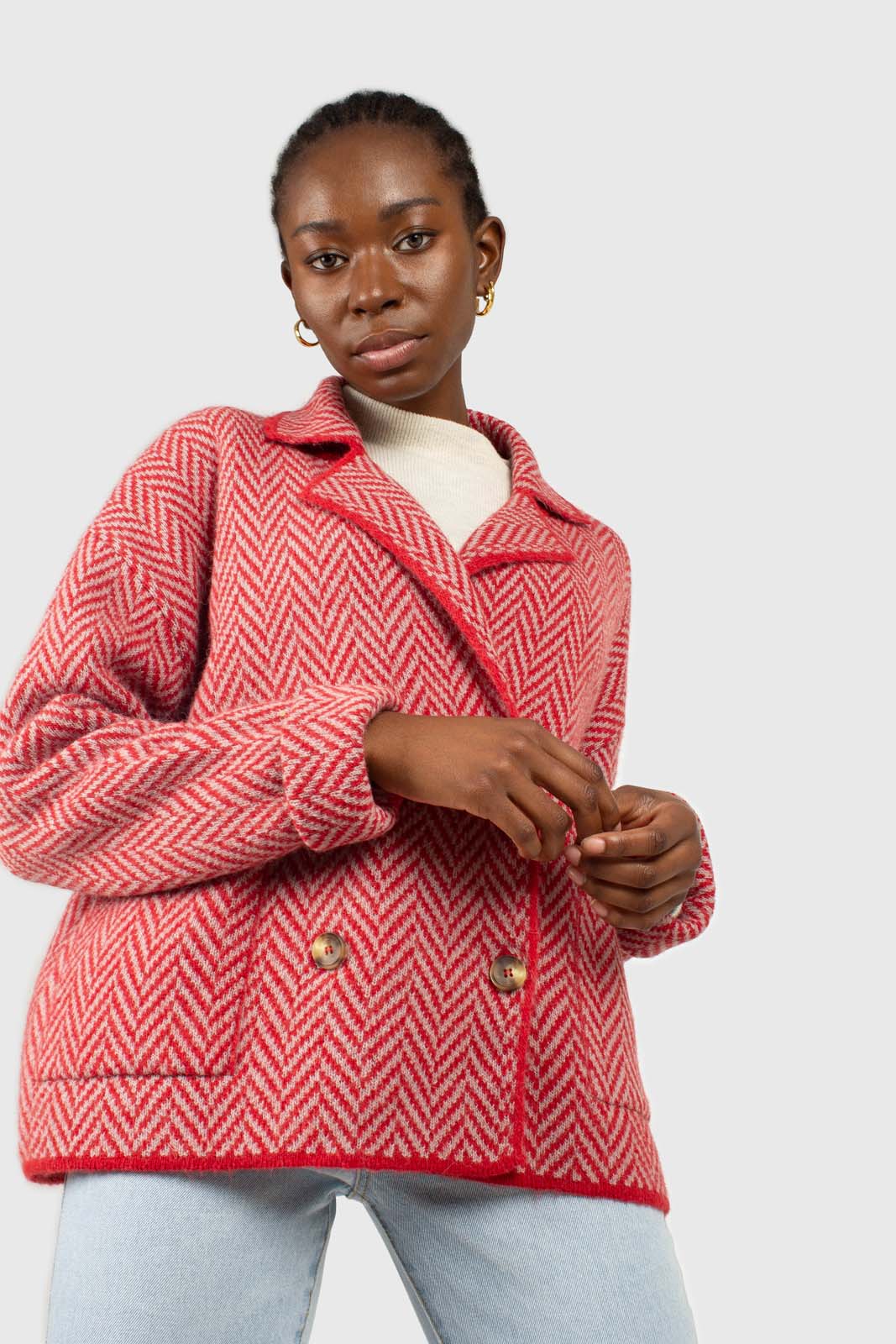 Red herringbone alpaca wool blend cardigan