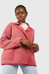 Red herringbone alpaca wool blend cardigan