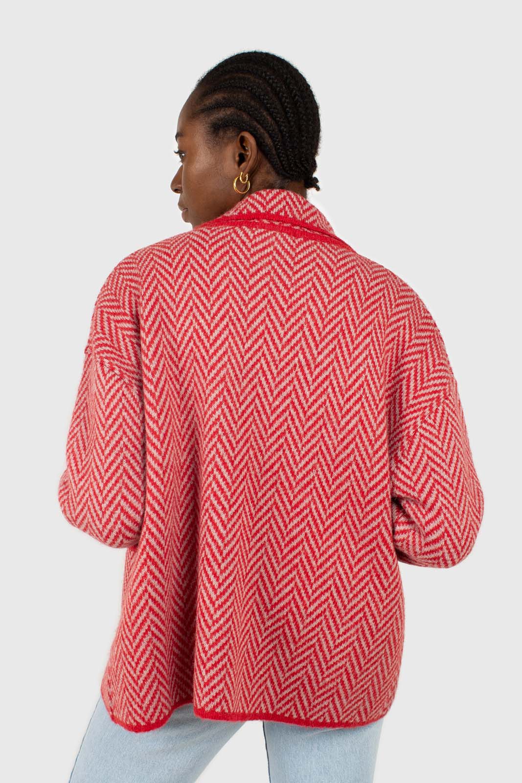 Red herringbone alpaca wool blend cardigan