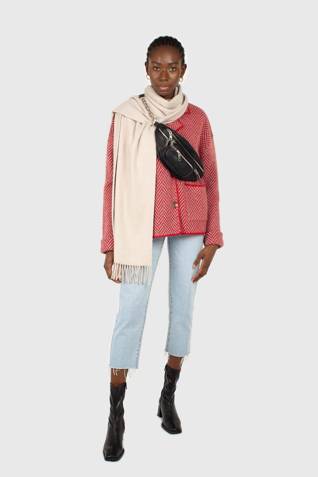 Red herringbone alpaca wool blend cardigan