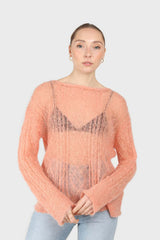 Pale orange sheer cableknit wool blend jumper