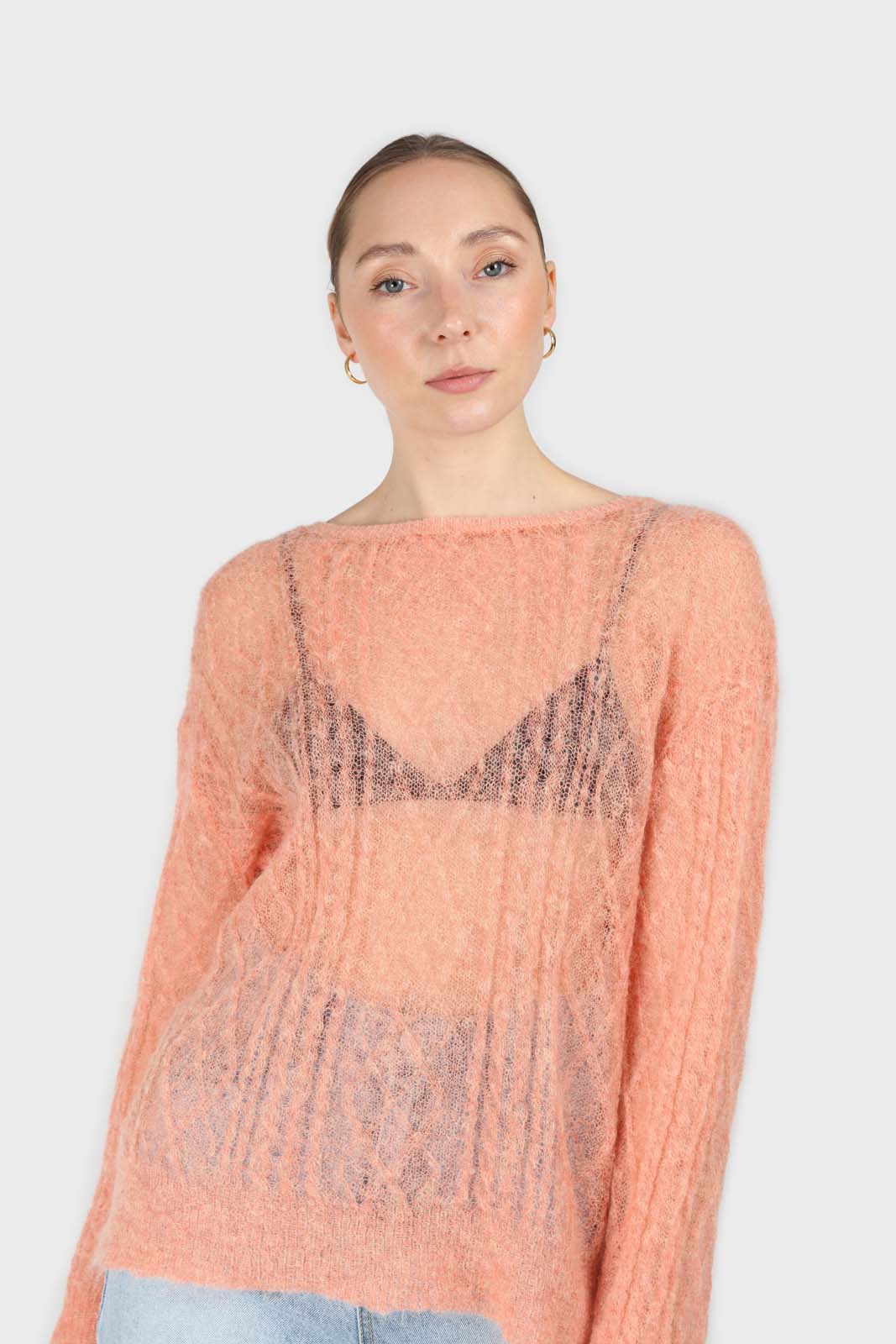 Pale orange sheer cableknit wool blend jumper