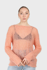 Pale orange sheer cableknit wool blend jumper