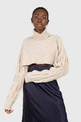 Beige balloon sleeved cropped wool blend turtleneck top