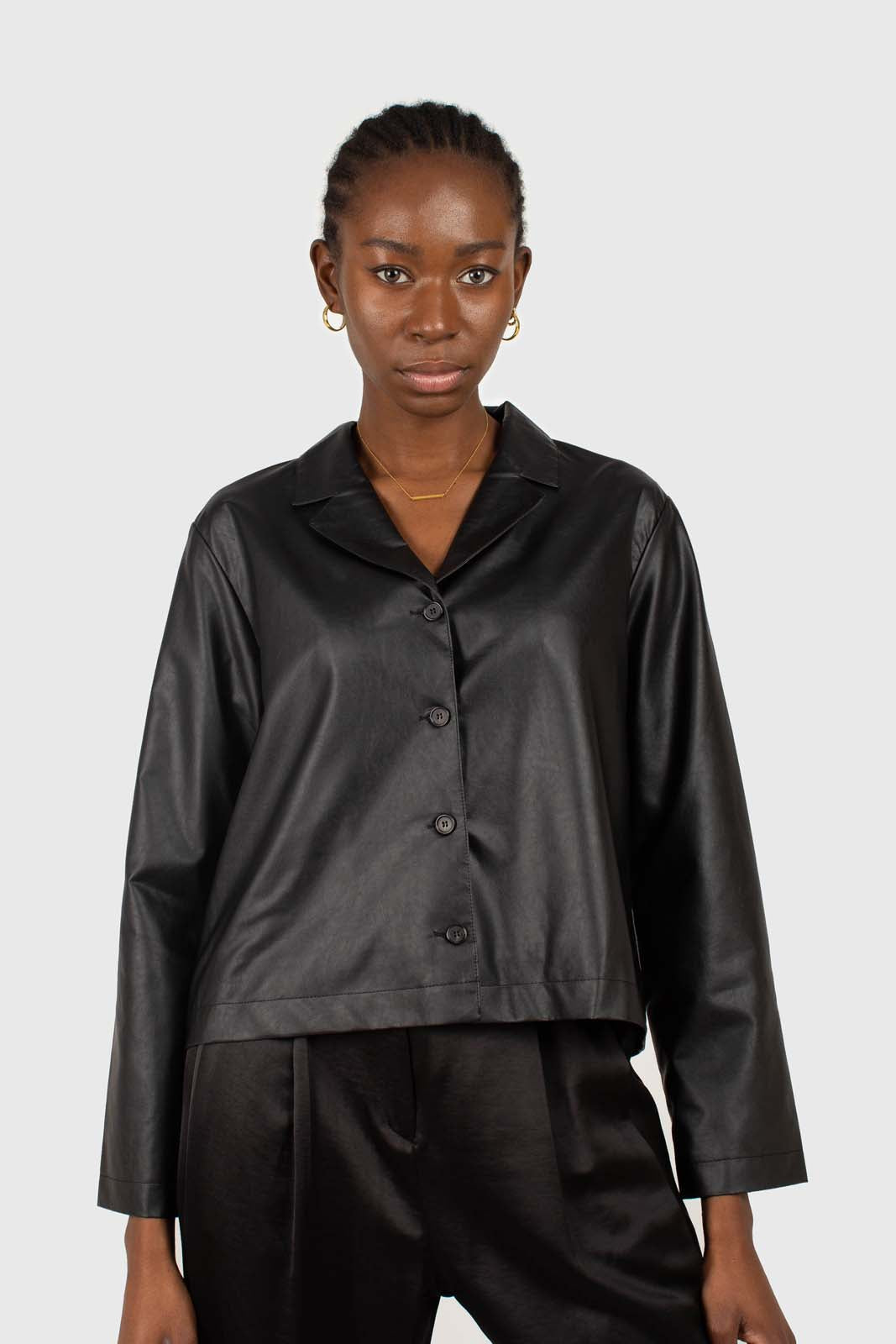 Black vegan leather short shirt jacket