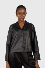Black vegan leather short shirt jacket