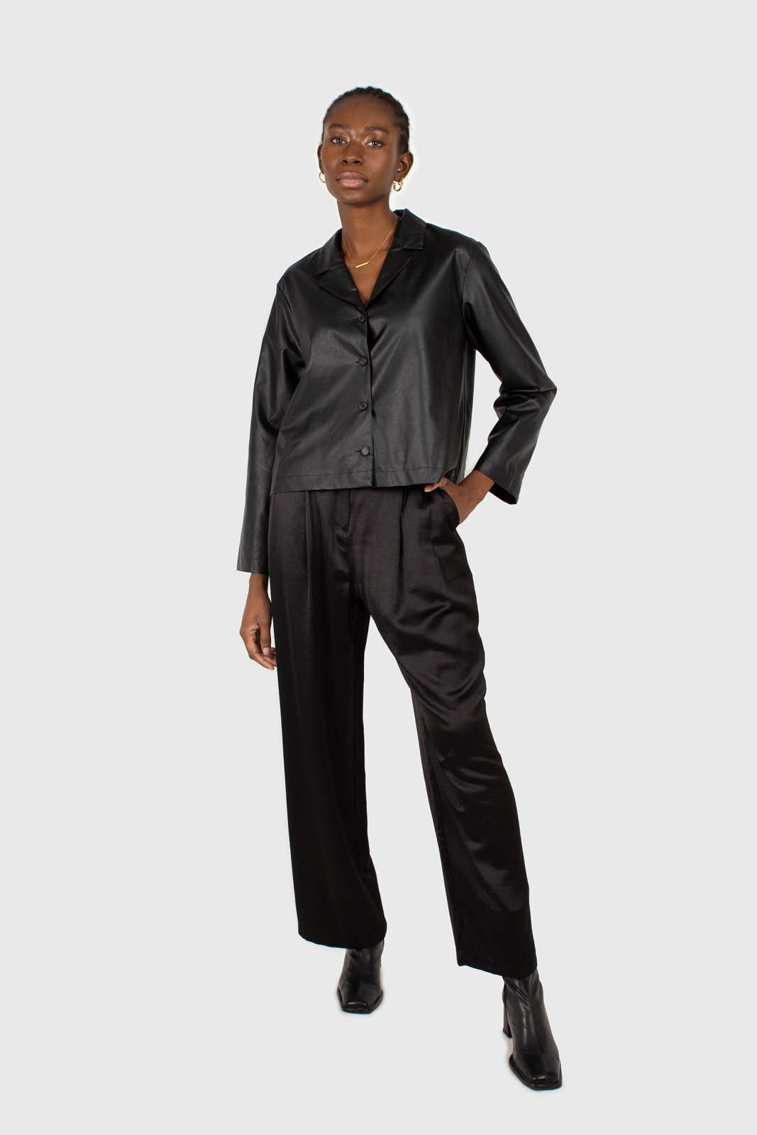 Black vegan leather short shirt jacket