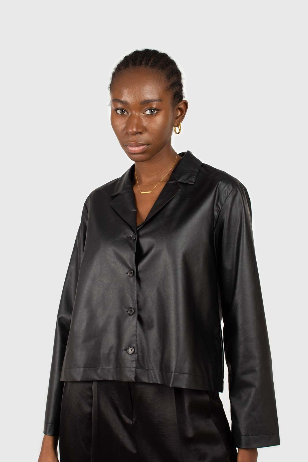 Black vegan leather short shirt jacket