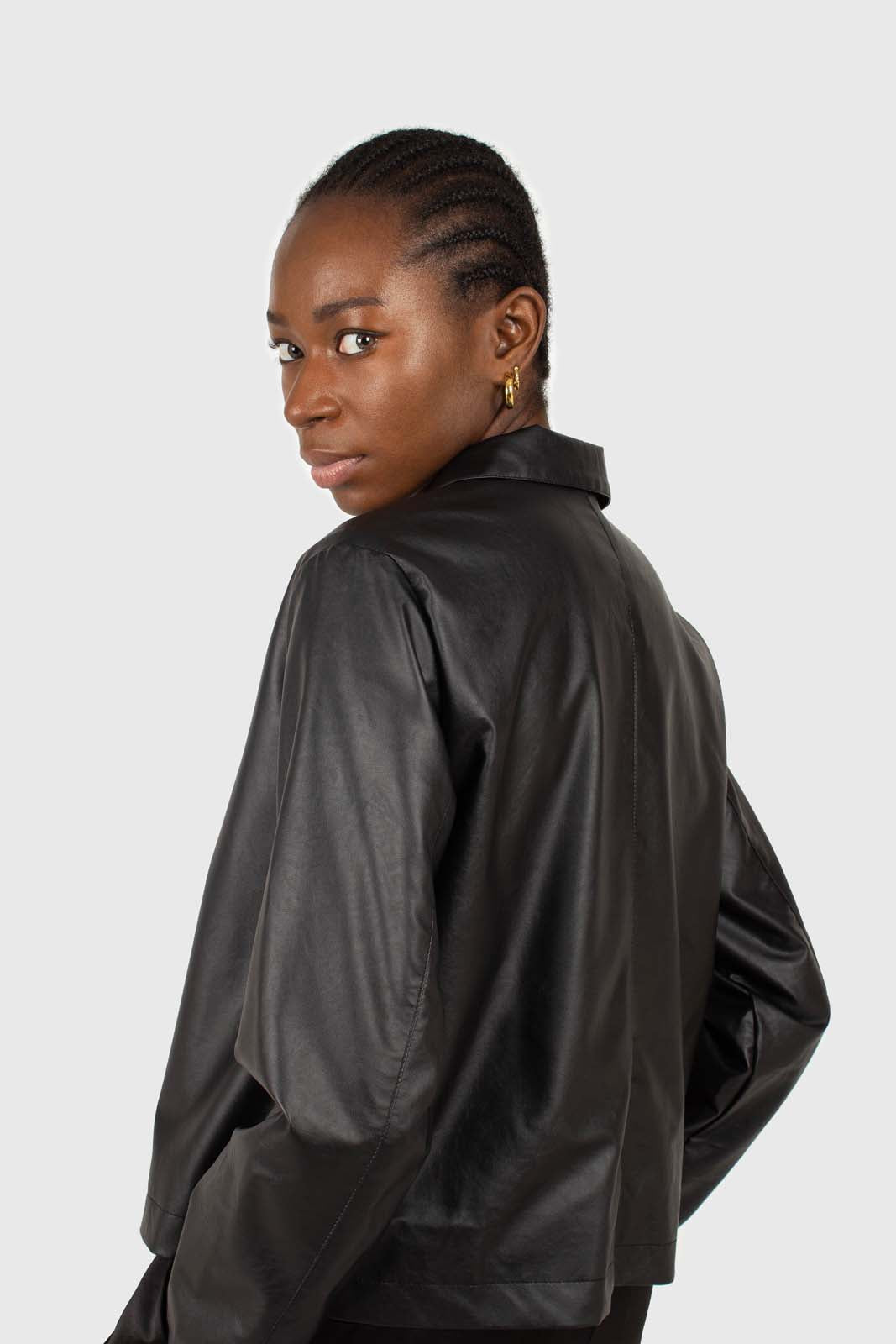 Black vegan leather short shirt jacket