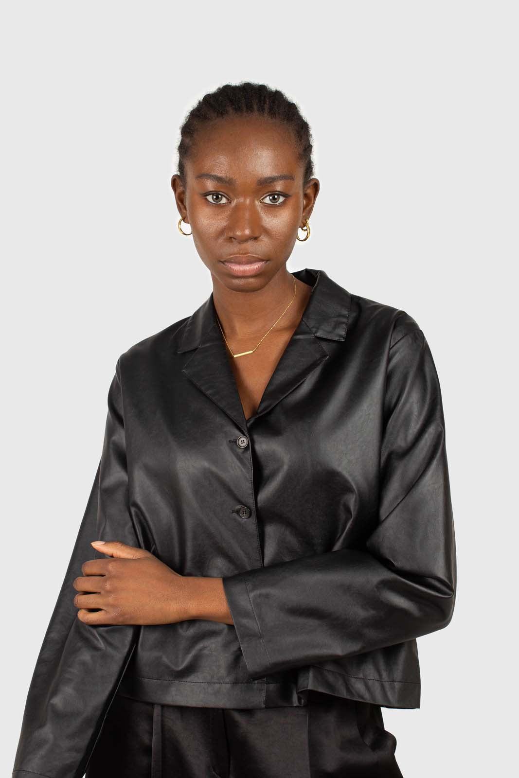Black vegan leather short shirt jacket