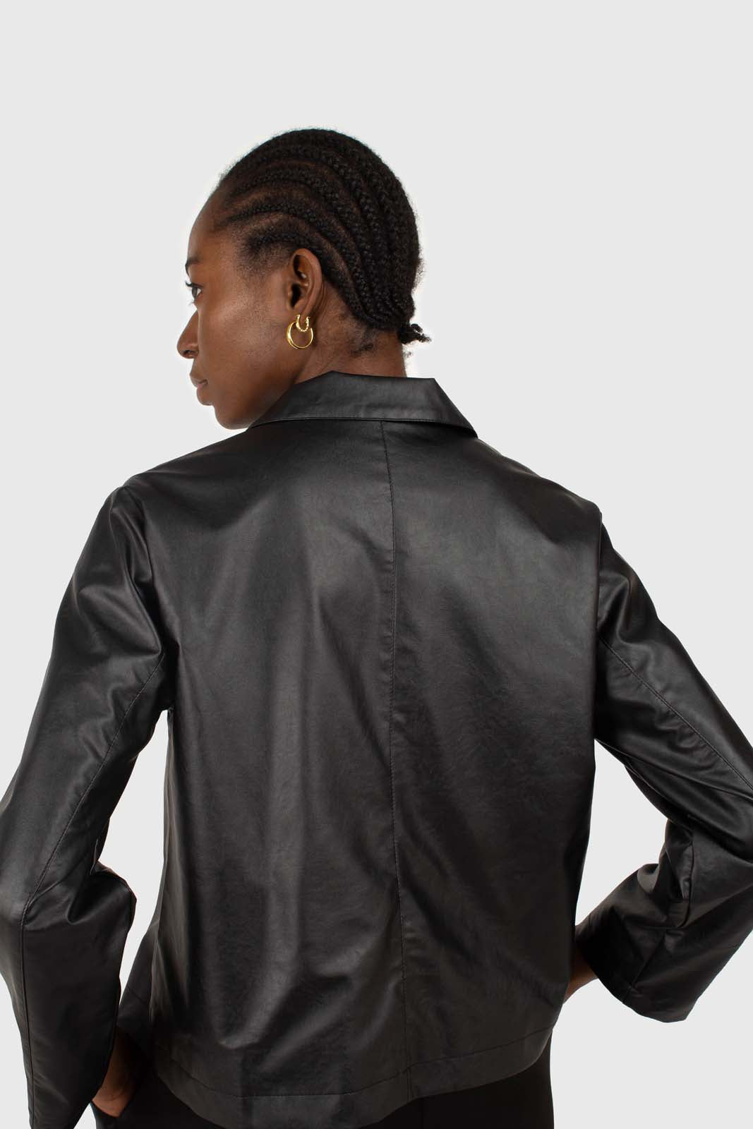 Black vegan leather short shirt jacket
