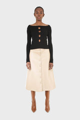 Black cascading hole square neck knit top