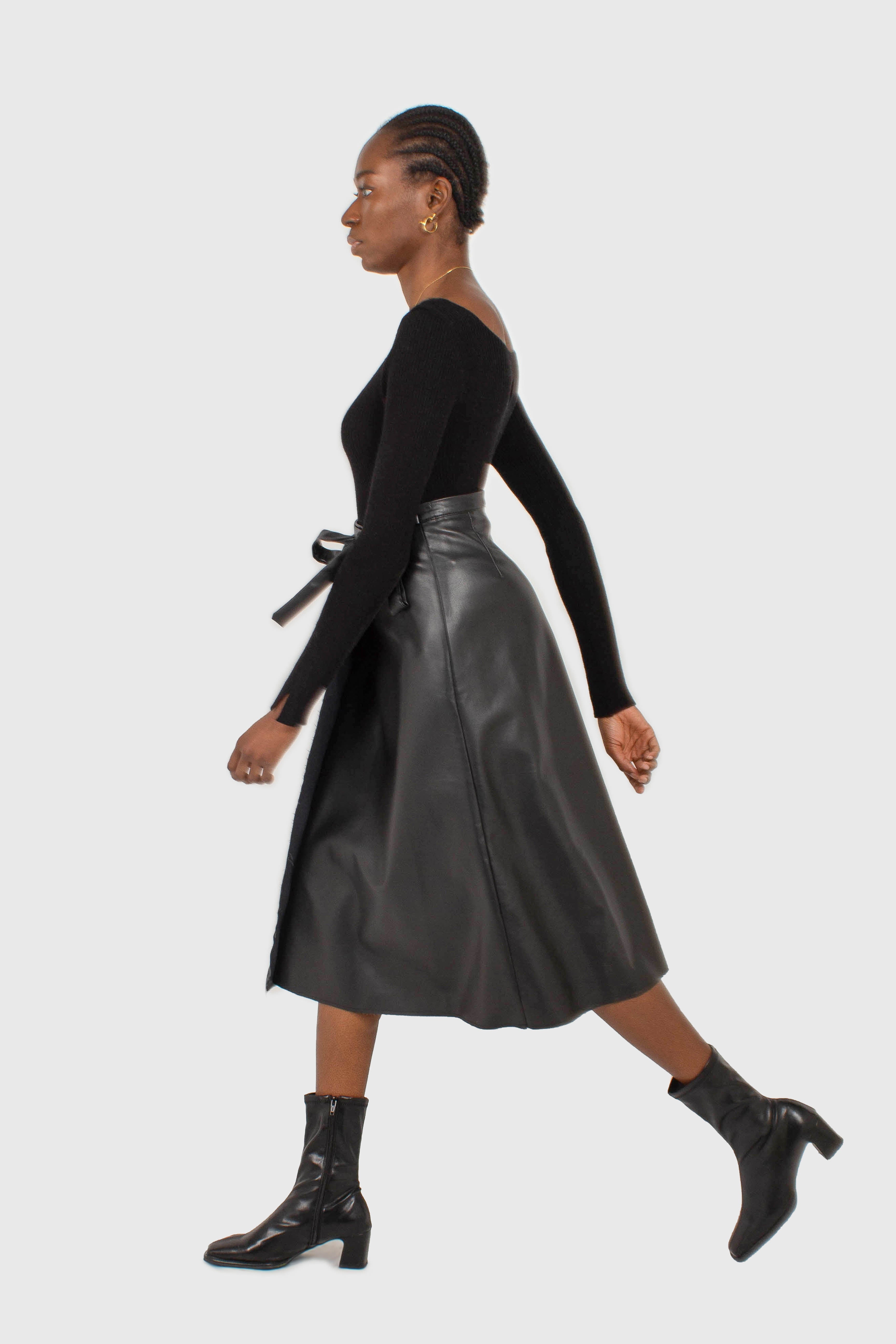 Black cascading hole square neck knit top