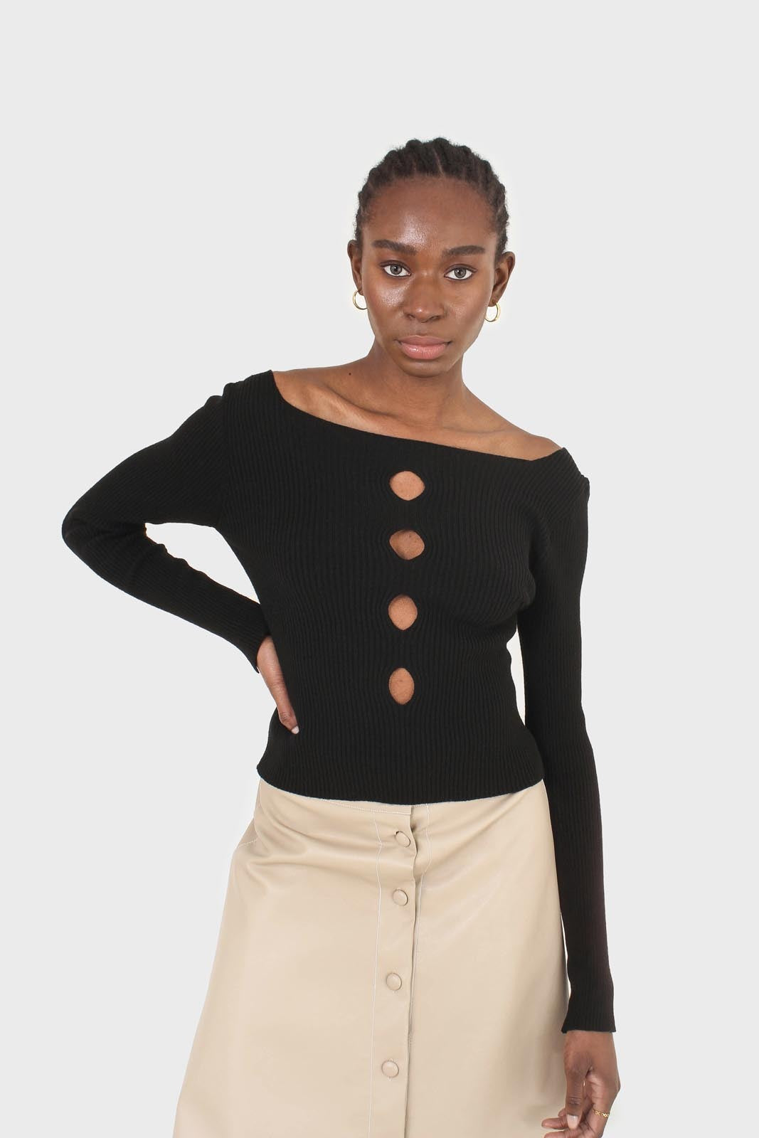 Black cascading hole square neck knit top