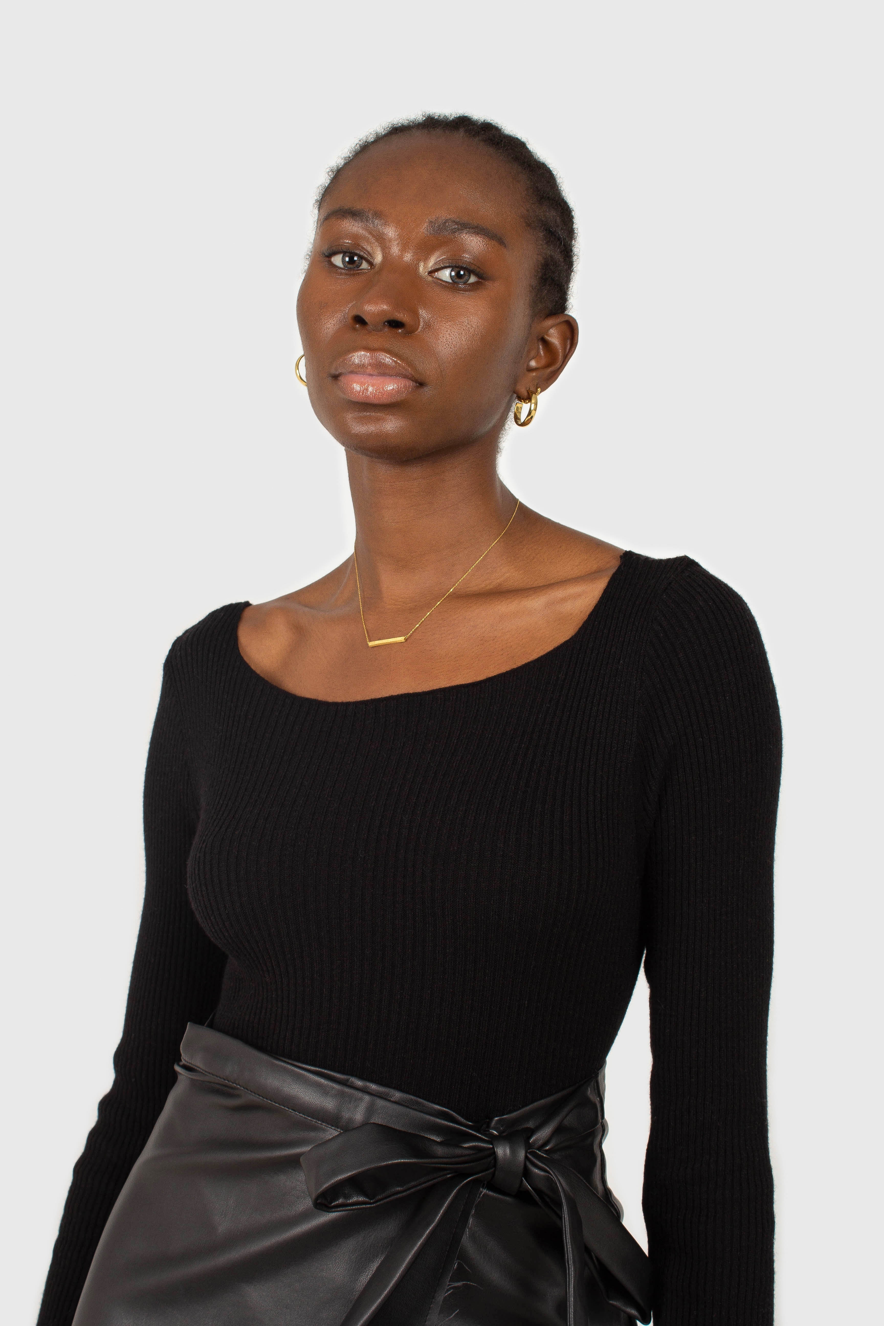 Black cascading hole square neck knit top